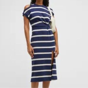 Tanya Taylor Charlie Striped Knit Midi Dress Size XS cold shoulder navy white